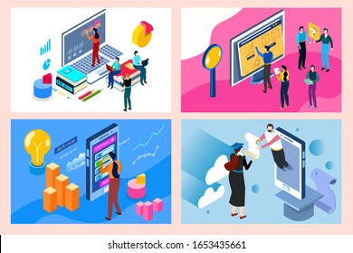 Online education concept in isometric style, people studying on internet, vector illustration. Students cartoon characters learning at online course, distance education on computer, laptop and phone