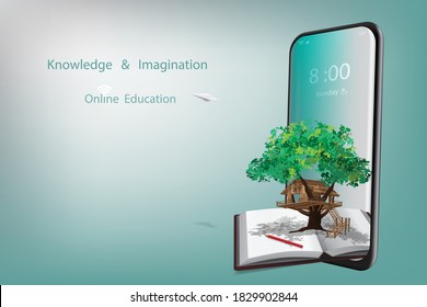 Online education with a concept of knowledge and imagination offers mobile phone, books, pencils, tree house and paper plane on gradient blue background. Illustration 3D rendering.