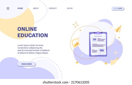 Online education concept landing page template or web banner. Flat vector illustration of clipboard with social media icons on abstract background. Concept of planning, survey or webinar
