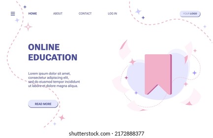 Online education concept landing page template or web banner. Creative concept with bookmark flat illustration surrounded abstract geometric shapes and icons on abstract background