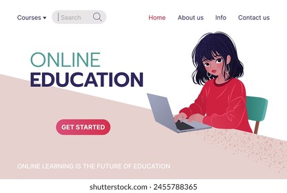 Online education concept. Landing page template for online courses, distance education, Internet studying, training. Young woman sitting and using her laptop. Vector illustration. 