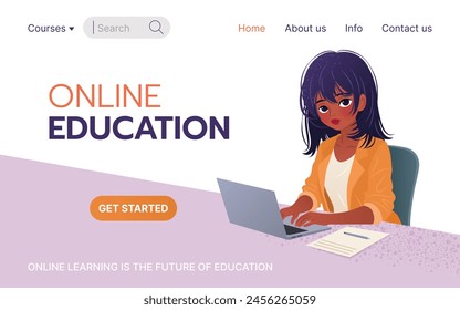 Online education concept. Landing page template for online courses, distance education, Internet studying, training. Young woman sitting and using her laptop. Vector illustration. 