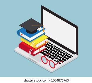 online education concept laptop with books and mortar board cap isometric vector background