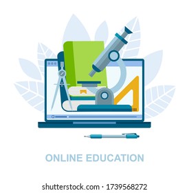 Online education concept. Laptop, books, microscope, pair of compasses, pen, video tutorial. Vector illustration in a flat style.