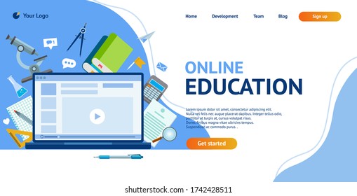 Online education concept. Laptop, books, microscope, compasses, pen, video tutorial, web icons. Landing page background. Vector illustration in a flat style.