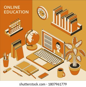 Online education concept with laptop, books, globe and coffee. Study at home, online courses. Vector illustration.