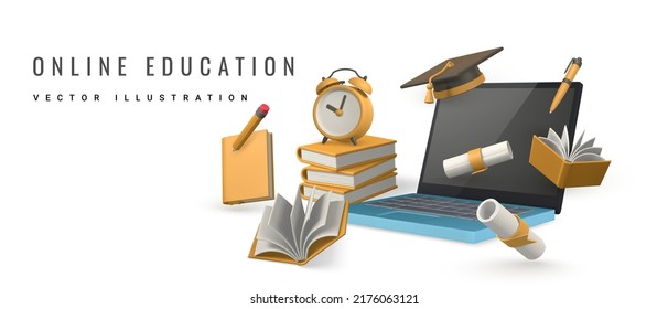 Concepto de educación en línea. Portátil con libros, lápiz, despertador, gorro de graduación y diploma. Ilustración vectorial.