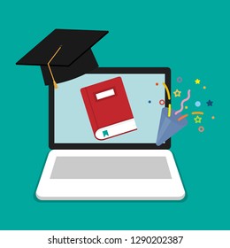 Online education concept. Laptop, computer with book symbol  flat cartoon design