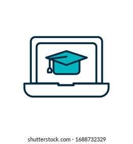 online education concept, laptop computer with graduation cap icon on screen over white background, half line half color style , vector illustration