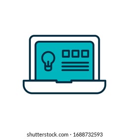 online education concept, laptop computer with educcation web page on screen over white background, half line half color style , vector illustration