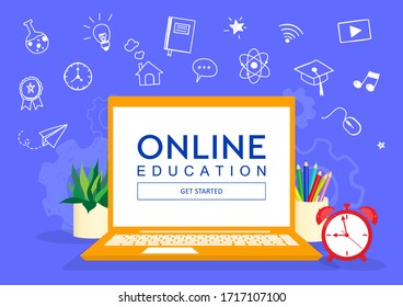 Online education concept, Laptop with educational various hand-drawn Icons. Vector illustration.