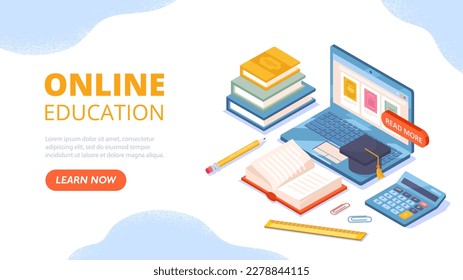 Online education concept. Laptop with graduation cap, book and pencil. Distance learning and training. Poster or banner and infographics. Cartoon isometric vector illustration