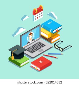 Online Education Concept. Laptop With Opened Text Document Next To Stacked Books, Mortar Board Student Cap, Pencils And Glasses. Flat Style Vector Illustration Isolated On Cyan Background.