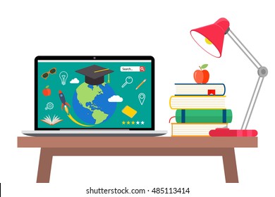 Online education concept. Laptop with opened text document next to stacked books, mortar board student cap, pencils and glasses. Flat style vector illustration isolated on white background.