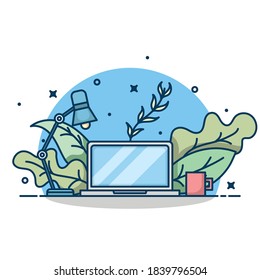 Online education concept with laptop vector illustration. laptop plant with coffee and lamp. Online education, e-book. Modern line art vector illustartion. Suitable for website and more.