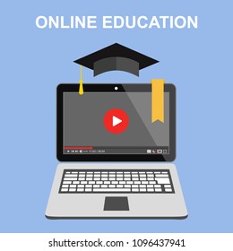 Online education. Concept. Laptop. View video lessons Vector illustration