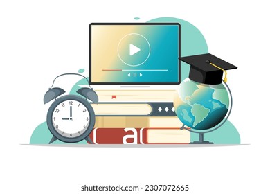 Online education concept, Laptop with world map, graduation cap, book on isolated background, Digital marketing illustration.