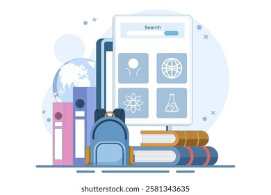 Online education concept, Laptop with world map, graduation cap and books, Internet education, online training and courses. Computer presentation, university. Distance education e-learning university.