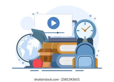 Online education concept, Laptop with world map, graduation cap and books, Internet education, online training and courses. Computer presentation, university. Distance education e-learning university.
