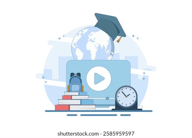Online education concept, Laptop with world map, graduation cap, books, digital marketing, online courses, distance learning, self-education, digital library. flat vector illustration on background.