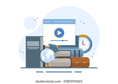 Online education concept, Laptop with world map, graduation cap, books, digital marketing, online courses, distance learning, self-education, digital library. flat vector illustration on background.