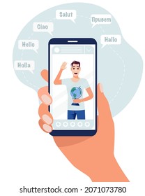 Online education concept - learning languages. A hand holds a phone with an application for distance learning. Languages ​​of the world. Vector illustration in flat cartoon style.