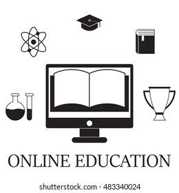 Online education concept. Learning objects around the pc. Outline vector icons