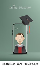 Online education with a concept of learning offers mobile phone, boy cartoon character and degree hat on gradient navy green background. Illustration 3D rendering.