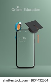 Online education with a concept of learning offers mobile phone, macaw cartoon character and degree hat on gradient navy green background. Illustration 3D rendering.