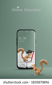 Online education with a concept of learning offers mobile phone, squirrel cartoon character with bachelor hat and pencil on a book. Illustration 3D rendering.