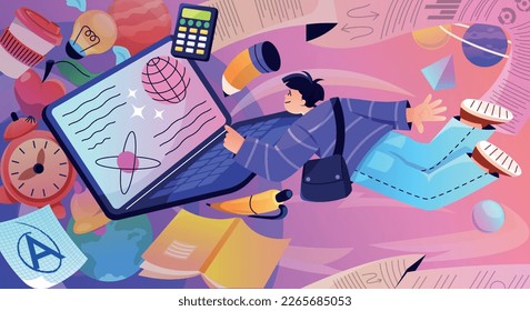 Online education concept. Learning on Internet, little boy with notebook, pen and pencils. Homework and training, distance lecture or webinar in school or university. Cartoon flat vector illustration