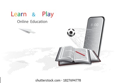 Online education with a concept of learning and play offers through mobile phone. There are books with pencil next to it and soccer ball and paper plane coming out of it with dotted world map background, white. 3D Illustration rendering isolated on.