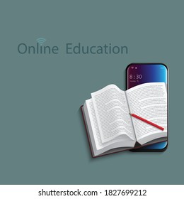 Online-Bildungskonzept des Lernens und Spielens Angebote durch Handy mit Büchern und Bleistift einzeln auf marinergrünem Hintergrund. Illustration 3D-Darstellung.