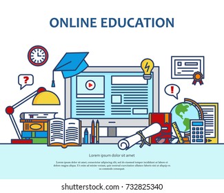 Online education concept with learning and teaching icons. School vector background with computer. Banner for website or magazine. Header, poster, flyer backdrop. Cartoon design