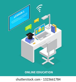 Online education concept with lessons and exams symbols isometric  vector illustration