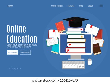 Online education concept, library and e-books. Web page design templates. Modern vector illustration for website. Eps 10.