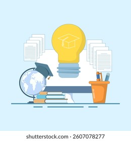 Online education concept, Light bulb idea with computer, books, stationery, world map, digital marketing. Illustration on isolated background.