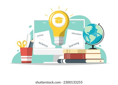 Online education concept, Lighting bulb idea with computer, book, stationery, world map on isolated background, Digital marketing illustration.
