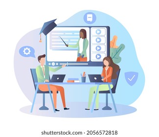 Online education concept. Man and girls listening to lecture on Internet. Workshop, study, conference. Teacher and students in class. Cartoon flat vector illustration isolated on white background