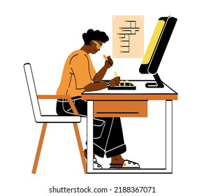 Online education concept. Man holds soldering iron and learns to solder microcircuit or chip using remote course on computer. Character learns profession of engineer. Cartoon flat vector illustration