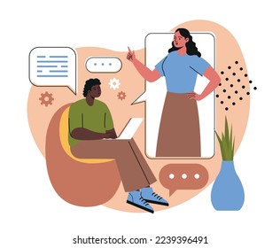 Online education concept. Man with laptop sit in comfortable chair and studying video course or lecture. Character receives knowledge remotely and listens to teacher. Cartoon flat vector illustration