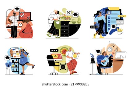 Online Education Concept. Men And Women Learning Remote Courses And Getting New Profession. Webinars On Makeup, Cooking And Guitar Playing. Cartoon Flat Vector Collection Isolated On White Background