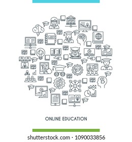 Online education concept. Modern icons on theme knowledge, scince, teaching, school and university. Thin line design icons collection. Vector illustration