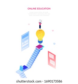 Online education concept - modern isometric vector web banner on white background with copy space for text. A woman watching video tutorial, reading books, chatting with students. E-learning theme