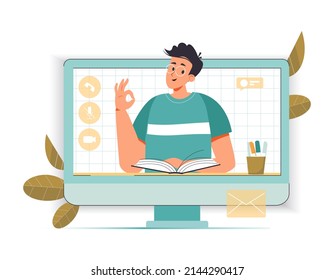 Online education concept, modern student or learner studying remotely from home, online student. Online distance learning, training and courses. Computer screen with male student vector illustration.