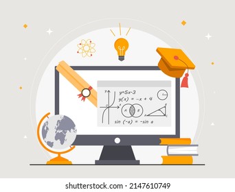 Online education concept. Monitor with mathematical forums, physics and remote exercises. Preparation for test or exam, equations and calculations, university. Cartoon flat vector illustration