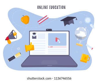 Online education concept with notebook and study objects, hat, pen, book. Modern on site learning training with play button and pointer. vector illustration.