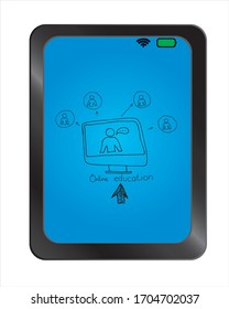 Online education concept on background plate. man on computer screen. Online training. Small people look at the screen and using cloud technology. Vector illustration.