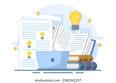 Online education concept on computer or laptop with open book, Online education or business training. Online learning. Webinar, online business training, e-learning education. Flat vector illustration