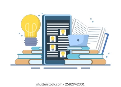 Online education concept on computer or laptop with open book, Online education or business training. Online learning. Webinar, online business training, e-learning education. Flat vector illustration